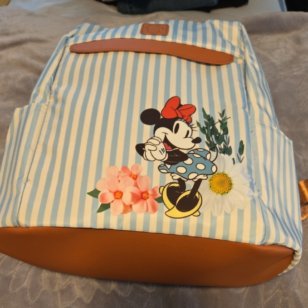 Disney Blue and White Striped Backpack with Vintage Minnie Mouse